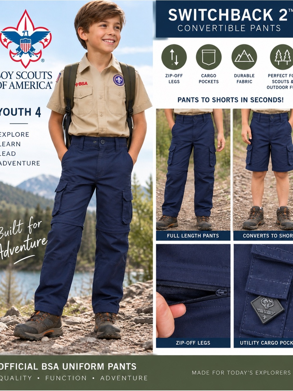Boy Scouts of America Youth 4 Switchback Convertible Uniform Cargo Pants Navy NW